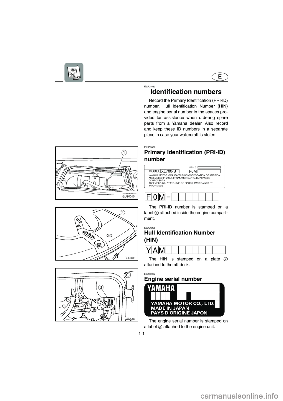 YAMAHA XL 700 2003  Owners Manual 1-1
E
EJU01830
Identification numbers 
Record the Primary Identification (PRI-ID)
number, Hull Identification Number (HIN)
and engine serial number in the spaces pro-
vided for assistance when orderin