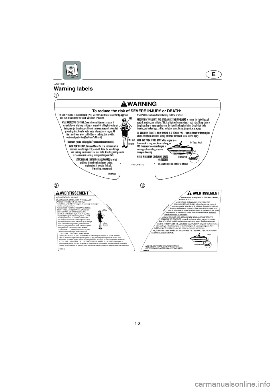 YAMAHA XL 700 2003  Owners Manual 1-3
E
EJU01352 
Warning labels 
1
2
3
UF0M74.book  Page 3  Wednesday, July 31, 2002  2:45 PM 