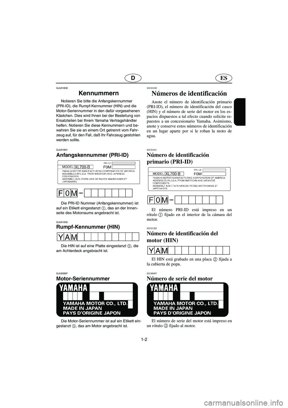 YAMAHA XL 700 2003 Manuale de Empleo (in Spanish) 1-2
ESD
GJU01830
Kennummern
Notieren Sie bitte die Anfangskennummer
(PRI-ID), die Rumpf-Kennummer (HIN) und die
Motor-Seriennummer in den dafür vorgesehenen
Kästchen. Dies wird Ihnen bei der B YAMAHA XL 700 2003 Manuale de Empleo (in Spanish) 1-2
ESD
GJU01830
Kennummern
Notieren Sie bitte die Anfangskennummer
(PRI-ID), die Rumpf-Kennummer (HIN) und die
Motor-Seriennummer in den dafür vorgesehenen
Kästchen. Dies wird Ihnen bei der B