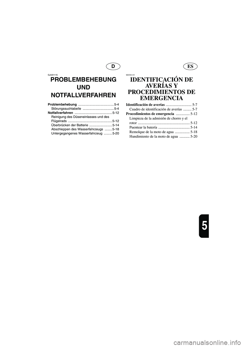 YAMAHA XL 700 2003 Notices Demploi (in French) ESD
5
GJU01115
PROBLEMBEHEBUNG
UND
NOTFALLVERFAHREN
Problembehebung ....................................... 5-4
Störungssuchtabelle .................................. 5-4
Notfallverfahren ........ YAMAHA XL 700 2003 Notices Demploi (in French) ESD
5
GJU01115
PROBLEMBEHEBUNG
UND
NOTFALLVERFAHREN
Problembehebung ....................................... 5-4
Störungssuchtabelle .................................. 5-4
Notfallverfahren ........