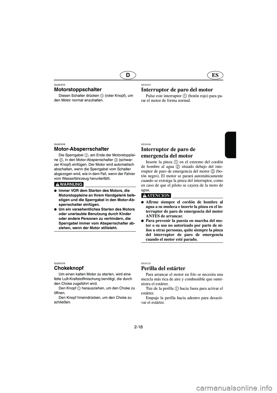 YAMAHA XL 700 2003  Notices Demploi (in French) 2-18
ESD
GJU01015 
Motorstoppschalter  
Diesen Schalter drücken 1
 (roter Knopf), um 
den Motor normal anzuhalten.
GJU01016 
Motor-Absperrschalter  
Die Sperrgabel 1
, am Ende der Motorstopplei-
ne 2
