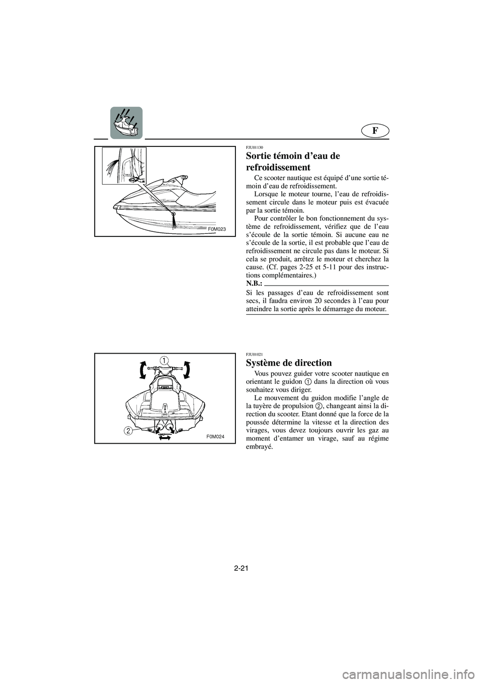 YAMAHA XL 700 2003 Notices Demploi (in French) 2-21
F
FJU01130
Sortie témoin d’eau de
refroidissement
Ce scooter nautique est équipé d’une sortie té-
moin d’eau de refroidissement.
Lorsque le moteur tourne, l’eau de refroidis-
sem YAMAHA XL 700 2003 Notices Demploi (in French) 2-21
F
FJU01130
Sortie témoin d’eau de
refroidissement
Ce scooter nautique est équipé d’une sortie té-
moin d’eau de refroidissement.
Lorsque le moteur tourne, l’eau de refroidis-
sem