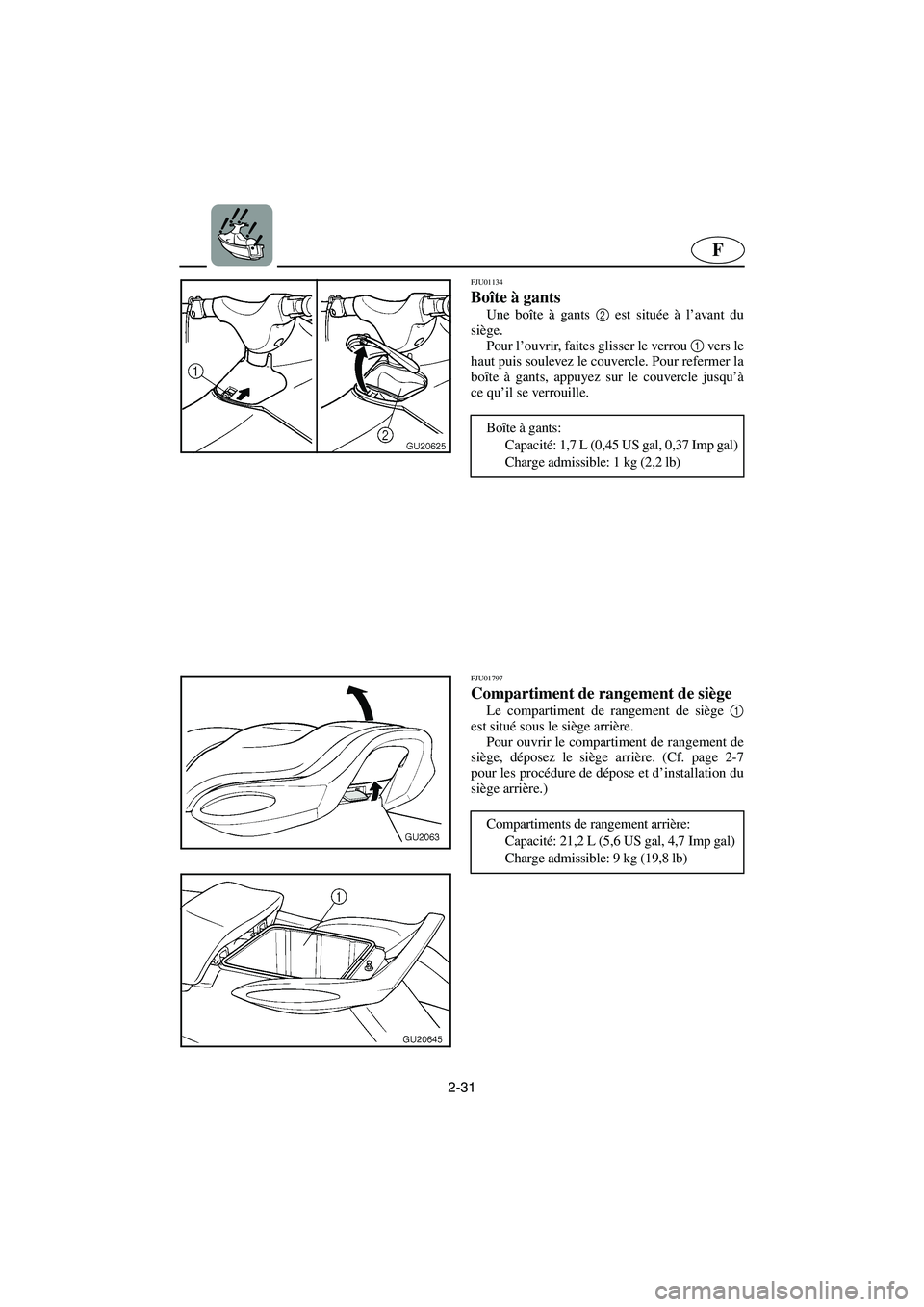 YAMAHA XL 700 2003  Notices Demploi (in French) 2-31
F
FJU01134 
Boîte à gants  
Une boîte à gants 2
 est située à l’avant du
siège. 
Pour l’ouvrir, faites glisser le verrou 1
 vers le
haut puis soulevez le couvercle. Pour refermer la
bo
