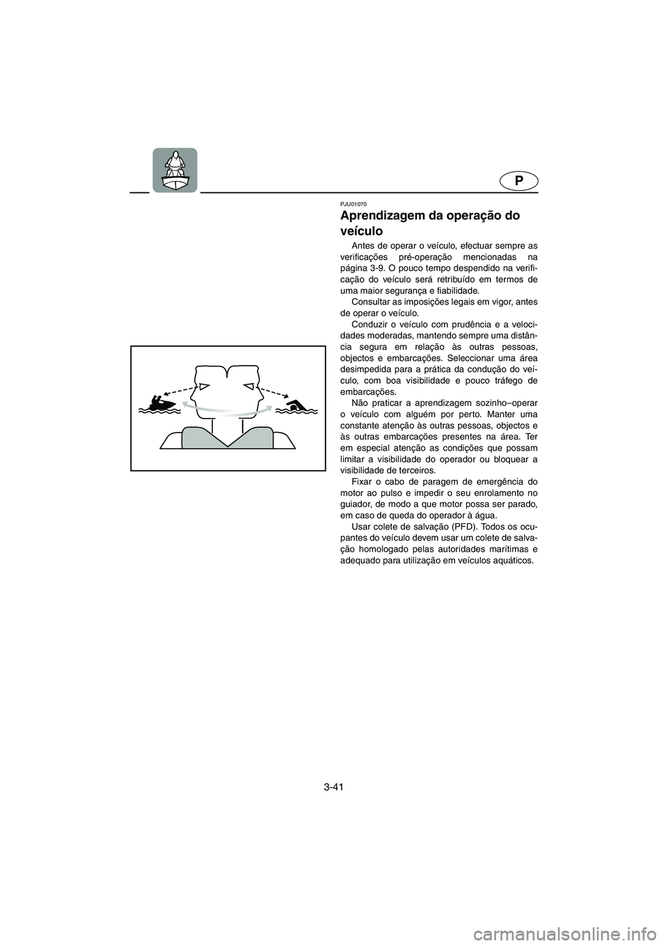 YAMAHA XL 700 2003 Manual de utilização (in Portuguese) 3-41
P
PJU01070
Aprendizagem da operação do
veículo
Antes de operar o veículo, efectuar sempre as
verificações pré-operação mencionadas na
página 3-9. O pouco tempo despendido na verifi- YAMAHA XL 700 2003 Manual de utilização (in Portuguese) 3-41
P
PJU01070
Aprendizagem da operação do
veículo
Antes de operar o veículo, efectuar sempre as
verificações pré-operação mencionadas na
página 3-9. O pouco tempo despendido na verifi-