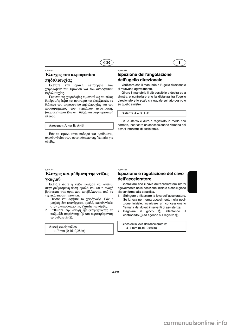 YAMAHA XL 700 2003  Manual de utilização (in Portuguese) 4-28
IGR
RJU01891
Έλεγχος του ακροφυσίου 
πηδαλιουχίας  
Ελέγξτε την ομαλή λειτουργία των
χειρολαβών του τιμονιού κα