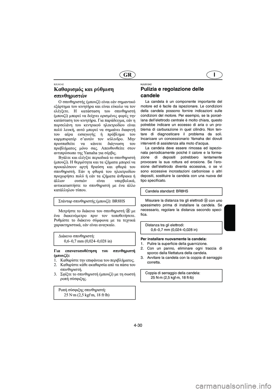 YAMAHA XL 700 2003  Manual de utilização (in Portuguese) 4-30
IGR
RJU01342 
Καθαρισμός και ρύθμιση 
σπινθηριστών  
Ο σπινθηριστής (μπουζί) είναι εάν σημαντικό
εξάρτημα του κιν
