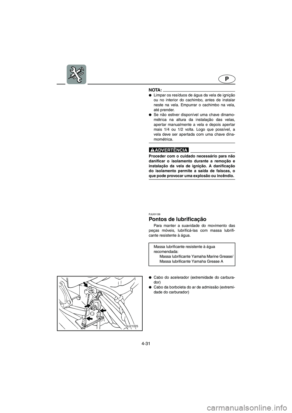 YAMAHA XL 700 2003  Manual de utilização (in Portuguese) 4-31
P
NOTA :@ Limpar os resíduos de água da vela de ignição
ou no interior do cachimbo, antes de instalar
neste na vela. Empurrar o cachimbo na vela,
até prender. 
Se não estiver disponível 