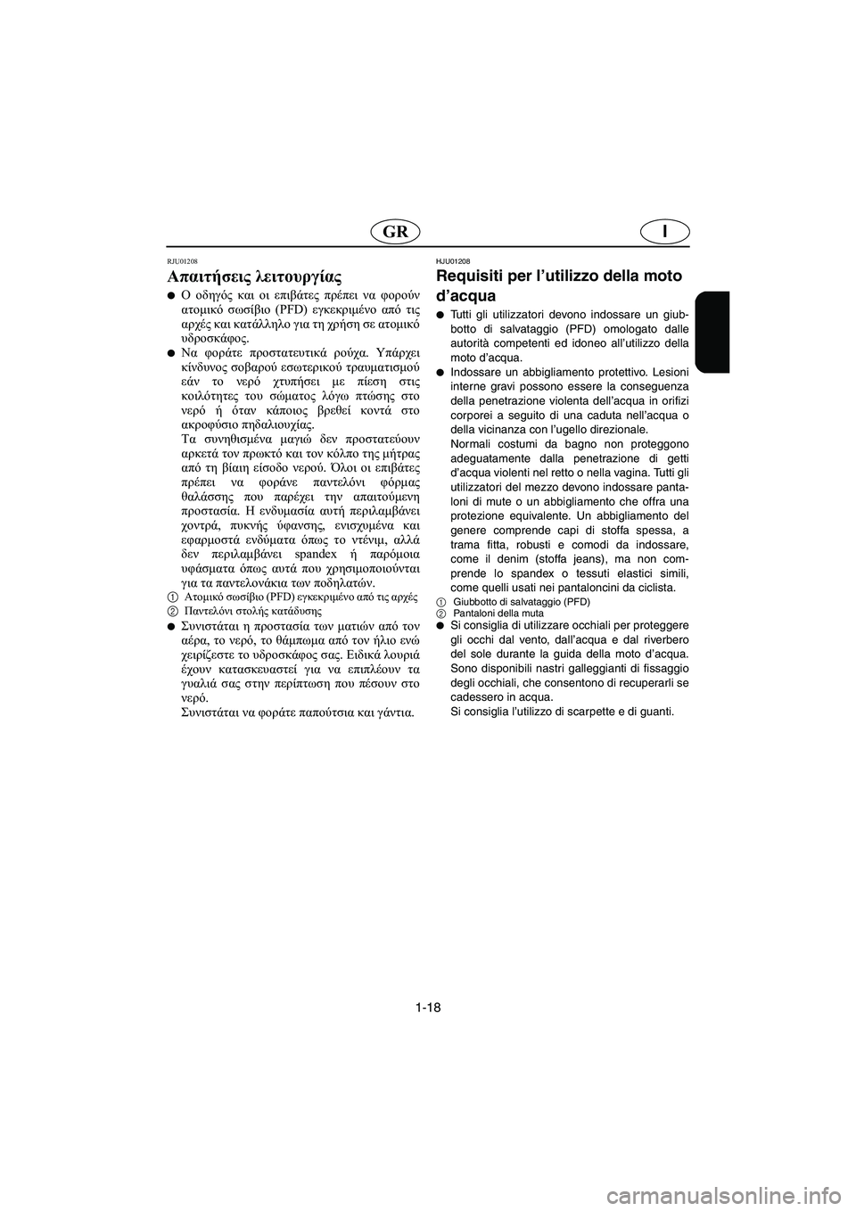 YAMAHA XL 700 2003  Manuale duso (in Italian) 1-18
IGR
RJU01208
Απαιτήσεις λειτουργίας 
Ο οδηγός και οι επιβάτες πρέπει να φορούν
ατομικό σωσίβιο (PFD) εγκεκριμένο 