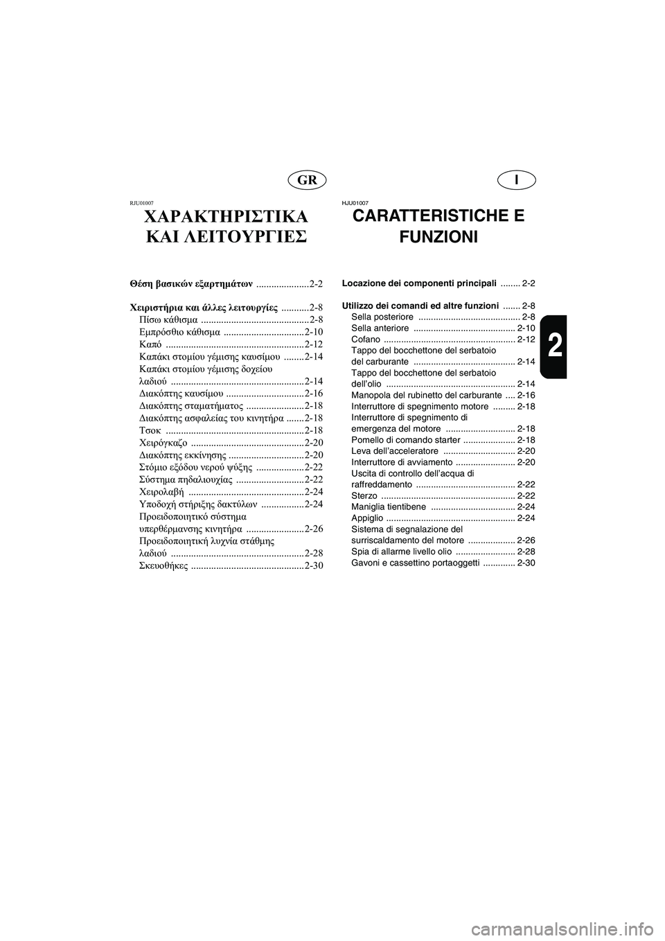 YAMAHA XL 700 2003 Manual de utilização (in Portuguese) IGR
2
RJU01007
ΧΑΡΑΚΤΗΡΙΣΤΙΚΑ
ΚΑΙ ΛΕΙΤΟΥΡΓΙΕΣ
Θέση βασικών εξαρτημάτων
..................... 2-2
Χειριστήρια και άλλες λειτ YAMAHA XL 700 2003 Manual de utilização (in Portuguese) IGR
2
RJU01007
ΧΑΡΑΚΤΗΡΙΣΤΙΚΑ
ΚΑΙ ΛΕΙΤΟΥΡΓΙΕΣ
Θέση βασικών εξαρτημάτων
..................... 2-2
Χειριστήρια και άλλες λειτ