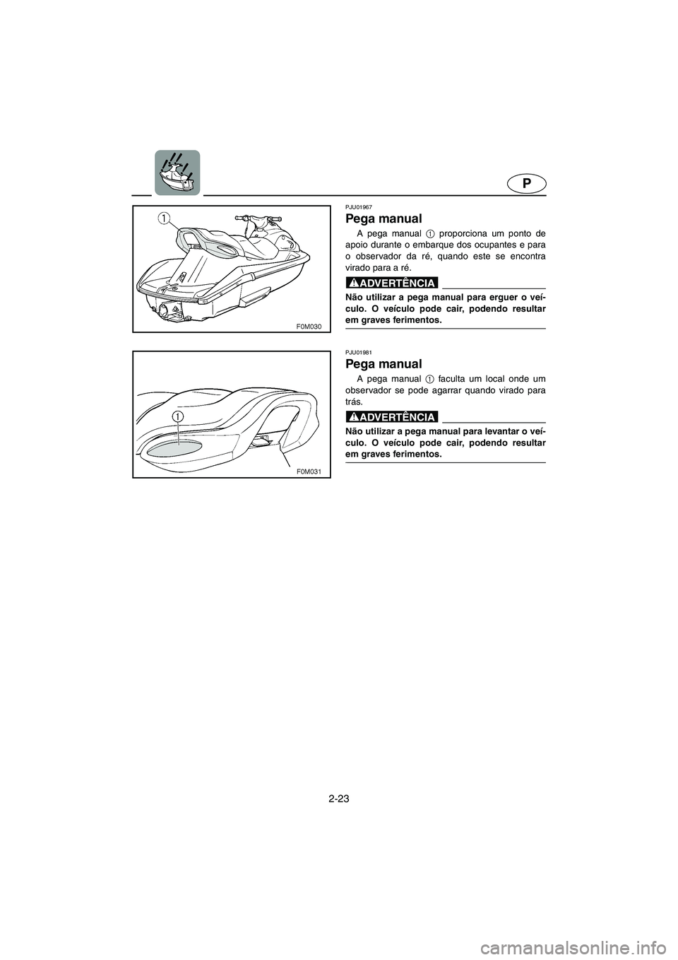 YAMAHA XL 700 2003 Manual de utilização (in Portuguese) 2-23
P
PJU01967
Pega manual
A pega manual 1
proporciona um ponto de
apoio durante o embarque dos ocupantes e para
o observador da ré, quando este se encontra
virado para a ré.
@ Não utilizar a p YAMAHA XL 700 2003 Manual de utilização (in Portuguese) 2-23
P
PJU01967
Pega manual
A pega manual 1
proporciona um ponto de
apoio durante o embarque dos ocupantes e para
o observador da ré, quando este se encontra
virado para a ré.
@ Não utilizar a p
