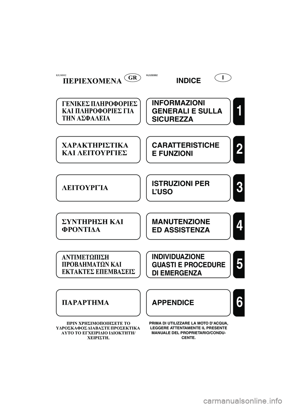 YAMAHA XL 700 2003 Manuale duso (in Italian) GRIRJU00992
ΠΕΡΙΕΧΟΜΕΝΑ
ΠΡΙΝ ΧΡΗΣΙΜΟΠΟΙΗΣΕΤΕ ΤΟ
ΥΔΡΟΣΚΑΦΟΣ ΔΙΑΒΑΣΤΕ ΠΡΟΣΕΚΤΙΚΑ
ΑΥΤΟ ΤΟ ΕΓΧΕΙΡΙΔΙΟ ΙΔΙΟΚΤΗΤΗ/
Χ YAMAHA XL 700 2003 Manuale duso (in Italian) GRIRJU00992
ΠΕΡΙΕΧΟΜΕΝΑ
ΠΡΙΝ ΧΡΗΣΙΜΟΠΟΙΗΣΕΤΕ ΤΟ
ΥΔΡΟΣΚΑΦΟΣ ΔΙΑΒΑΣΤΕ ΠΡΟΣΕΚΤΙΚΑ
ΑΥΤΟ ΤΟ ΕΓΧΕΙΡΙΔΙΟ ΙΔΙΟΚΤΗΤΗ/
Χ