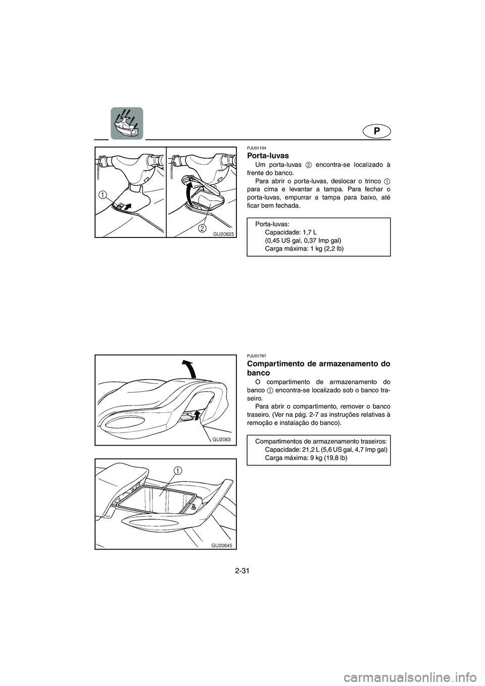YAMAHA XL 700 2003  Manual de utilização (in Portuguese) 2-31
P
PJU01134
Porta-luvas 
Um porta-luvas 2
 encontra-se localizado à
frente do banco. 
Para abrir o porta-luvas, deslocar o trinco 1
para cima e levantar a tampa. Para fechar o
porta-luvas, empurr