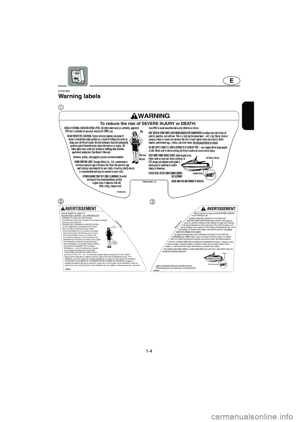 YAMAHA XL 700 2002 User Guide 1-4
E
EJU01352 
Warning labels 
1
2 2
3
UF0M73.book  Page 4  Thursday, August 2, 2001  5:57 PM 