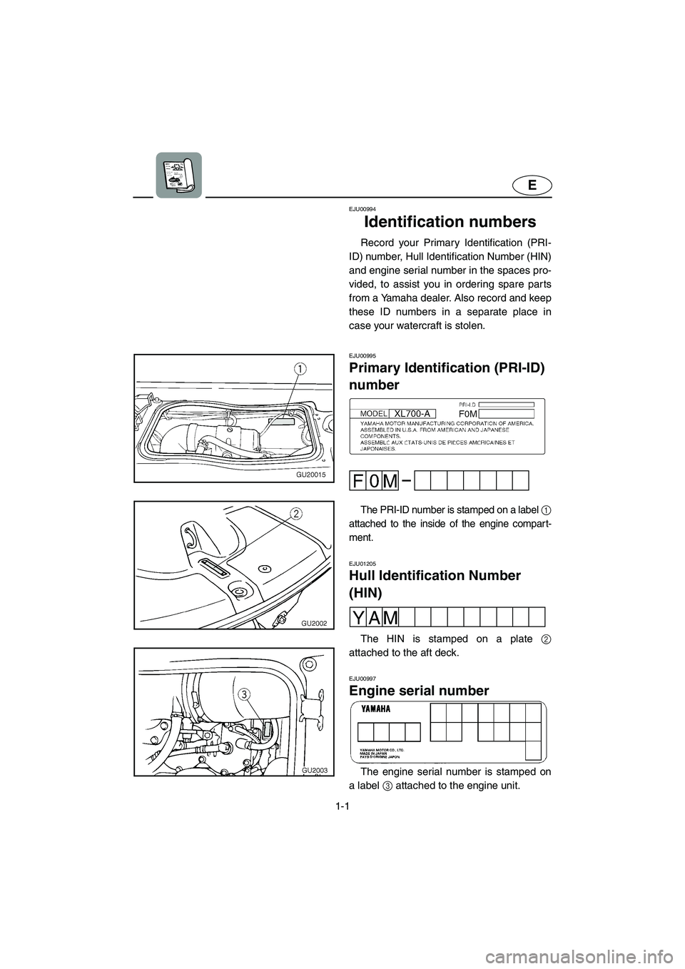 YAMAHA XL 700 2002  Owners Manual 1-1
E
EJU00994 
Identification numbers  
Record your Primary Identification (PRI-
ID) number, Hull Identification Number (HIN)
and engine serial number in the spaces pro-
vided, to assist you in order
