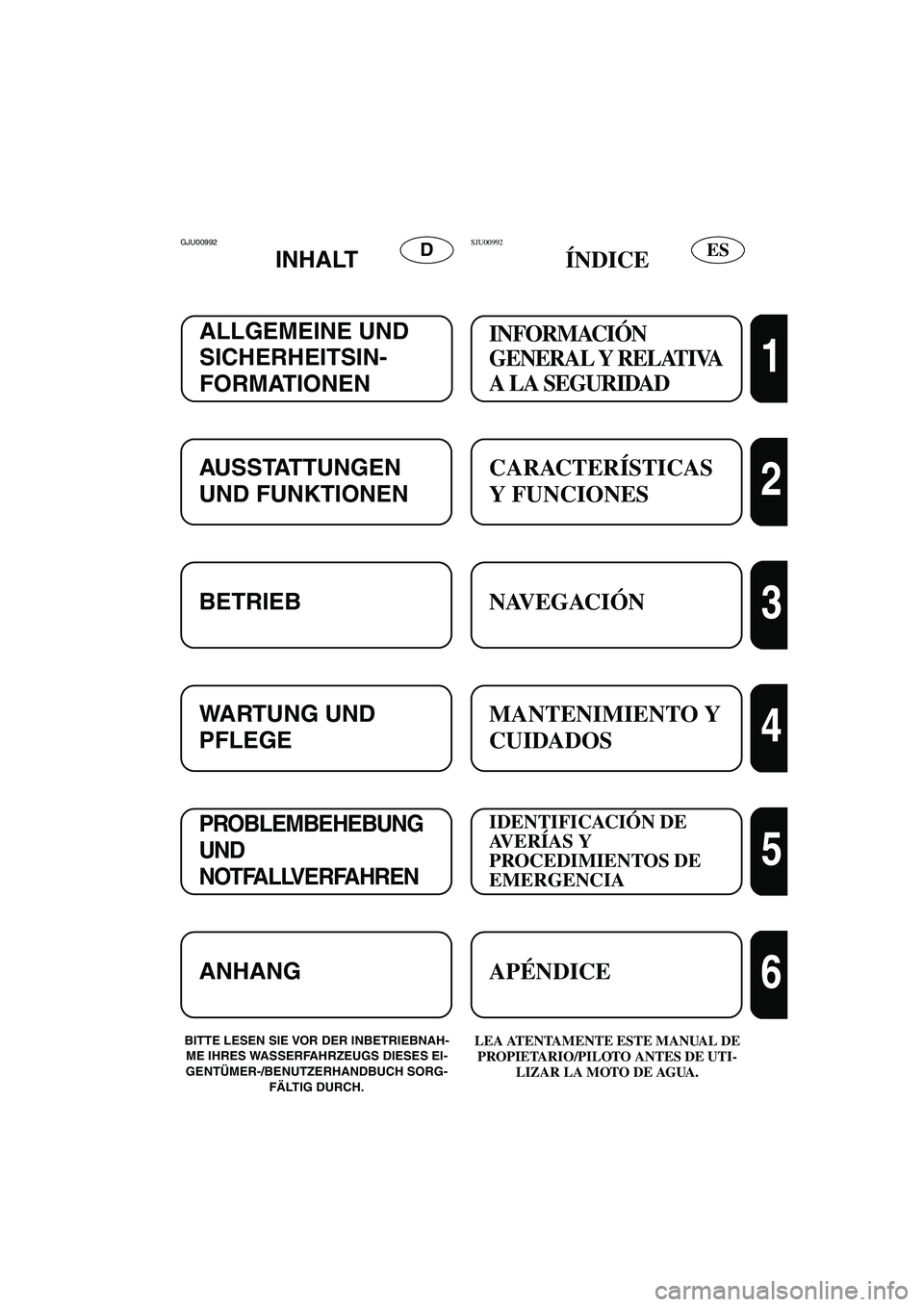 YAMAHA XL 700 2002 Manuale de Empleo (in Spanish) ESDGJU00992
INHALT
BITTE LESEN SIE VOR DER INBETRIEBNAH-
ME IHRES WASSERFAHRZEUGS DIESES EI-
GENTÜMER-/BENUTZERHANDBUCH SORG-
FÄLTIG DURCH.LEA ATENTAMENTE ESTE MANUAL DE
PROPIETARIO/PILOTO ANTES D YAMAHA XL 700 2002 Manuale de Empleo (in Spanish) ESDGJU00992
INHALT
BITTE LESEN SIE VOR DER INBETRIEBNAH-
ME IHRES WASSERFAHRZEUGS DIESES EI-
GENTÜMER-/BENUTZERHANDBUCH SORG-
FÄLTIG DURCH.LEA ATENTAMENTE ESTE MANUAL DE
PROPIETARIO/PILOTO ANTES D