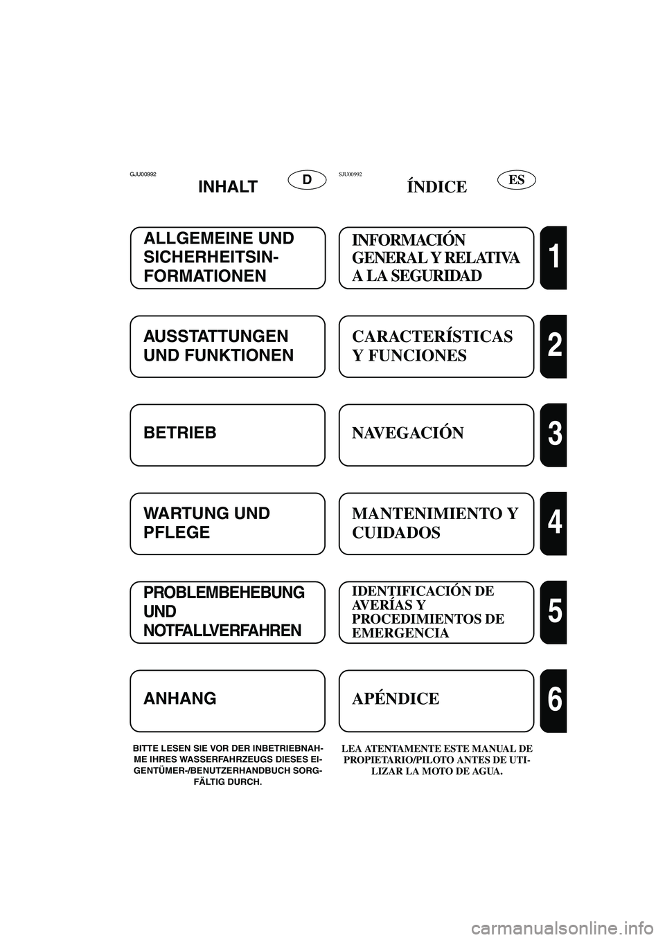 YAMAHA XL 700 2002  Manuale de Empleo (in Spanish) ESDGJU00992 
INHALT
BITTE LESEN SIE VOR DER INBETRIEBNAH-
ME IHRES WASSERFAHRZEUGS DIESES EI-
GENTÜMER-/BENUTZERHANDBUCH SORG-
FÄLTIG DURCH.LEA ATENTAMENTE ESTE MANUAL DE 
PROPIETARIO/PILOTO ANTES D