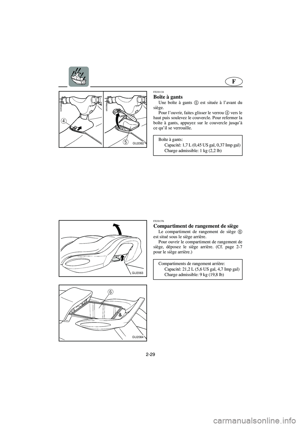 YAMAHA XL 700 2002  Notices Demploi (in French) 2-29
F
FJU01134 
Boîte à gants  
Une boîte à gants 5
 est située à l’avant du
siège. 
Pour l’ouvrir, faites glisser le verrou 4
 vers le
haut puis soulevez le couvercle. Pour refermer la
bo