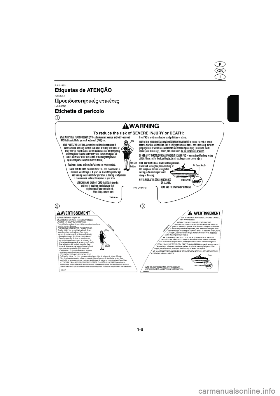 YAMAHA XL 700 2002  Manuale duso (in Italian) 1-6
GR
P
I
PJU01352 
Etiquetas de ATENÇÃO 
RJU01352 
Προειδοποιητικές ετικέτες HJU01352 
Etichette di pericolo 
1
23
B_F0M-83.book  Page 6  Friday, August 3, 2001  3:35 PM 