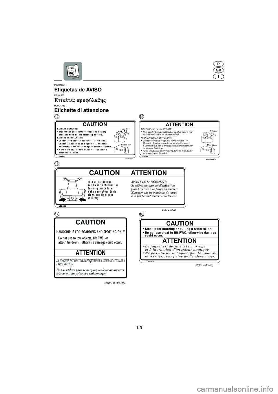 YAMAHA XL 700 2002  Manuale duso (in Italian) 1-9
GR
P
I
PJU01353 
Etiquetas de AVISO 
RJU01353 
Ετικέτες προφύλαξης HJU01353 
Etichette di attenzione 
DE
F
GH
B_F0M-83.book  Page 9  Friday, August 3, 2001  3:35 PM 