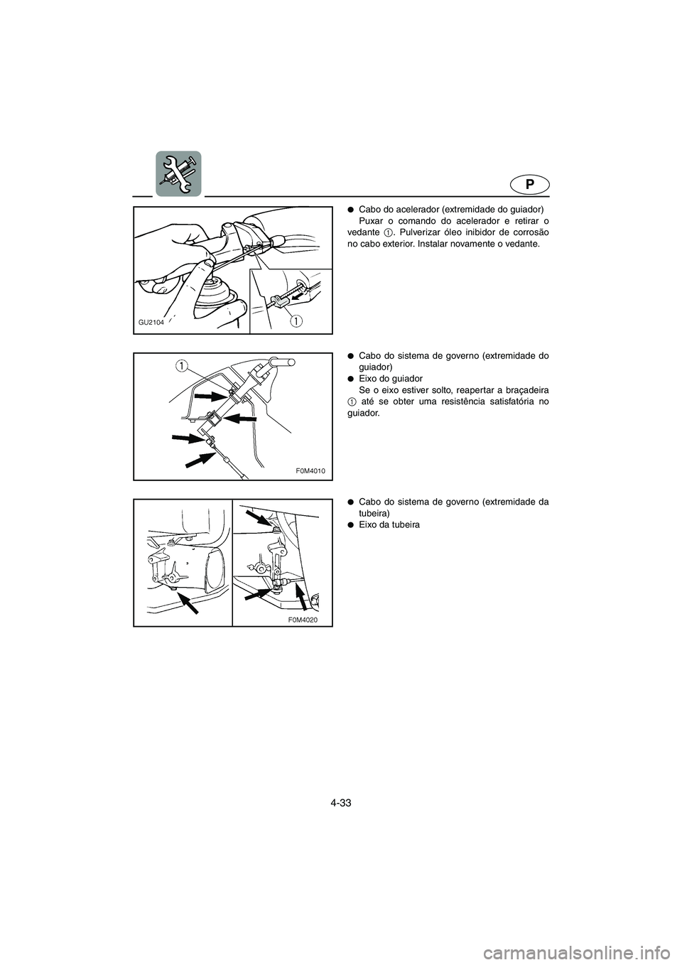 YAMAHA XL 700 2002  Manuale duso (in Italian) 4-33
P
Cabo do acelerador (extremidade do guiador) 
Puxar o comando do acelerador e retirar o
vedante 1
. Pulverizar óleo inibidor de corrosão
no cabo exterior. Instalar novamente o vedante. 
Cabo