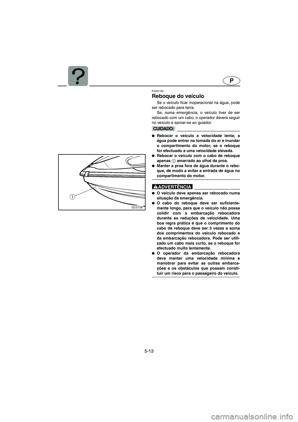 YAMAHA XL 700 2002 Manuale duso (in Italian) 5-13
P
PJU01122
Reboque do veículo
Se o veículo ficar inoperacional na água, pode
ser rebocado para terra.
Se, numa emergência, o veículo tiver de ser
rebocado com um cabo, o operador deverá YAMAHA XL 700 2002 Manuale duso (in Italian) 5-13
P
PJU01122
Reboque do veículo
Se o veículo ficar inoperacional na água, pode
ser rebocado para terra.
Se, numa emergência, o veículo tiver de ser
rebocado com um cabo, o operador deverá