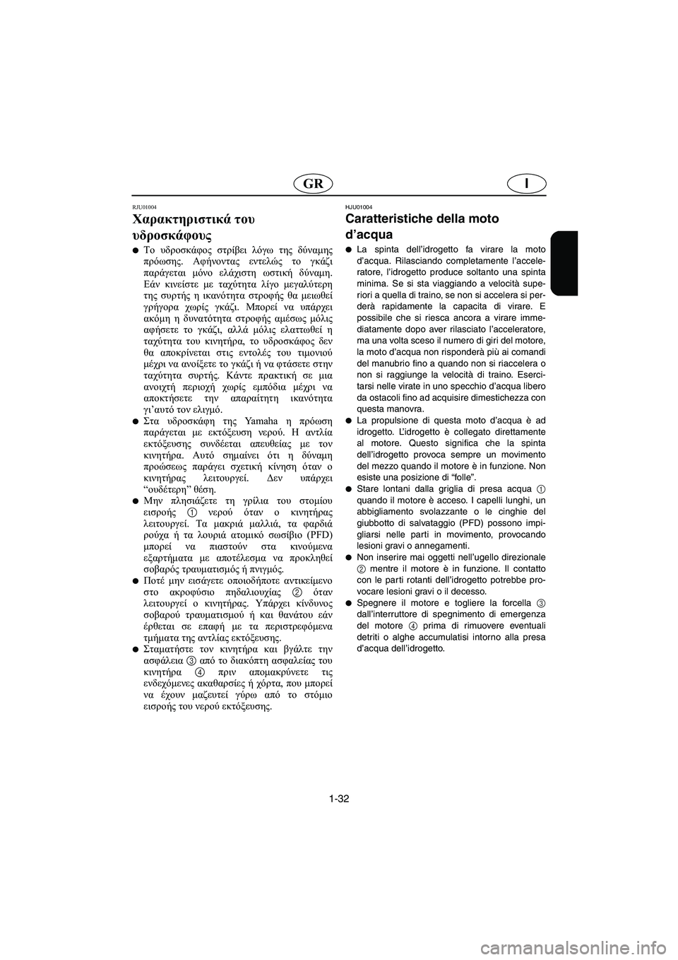 YAMAHA XL 700 2002  Manuale duso (in Italian) 1-32
IGR
RJU01004 
Χαρακτηριστικά του 
υδροσκάφους  
Το υδροσκάφος στρίβει λόγω της δύναμης
πρόωσης. Αφήνοντας εντελ