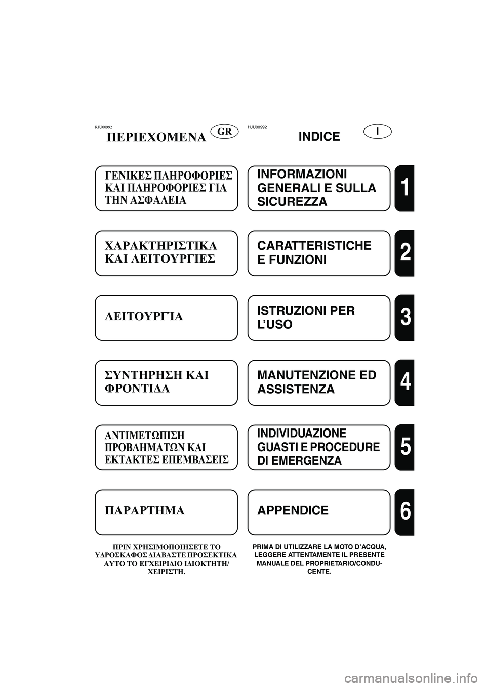 YAMAHA XL 700 2002 Manual de utilização (in Portuguese) GRIRJU00992
ΠΕΡΙΕΧΟΜΕΝΑ
ΠΡΙΝ ΧΡΗΣΙΜΟΠΟΙΗΣΕΤΕ ΤΟ
ΥΔΡΟΣΚΑΦΟΣ ΔΙΑΒΑΣΤΕ ΠΡΟΣΕΚΤΙΚΑ
ΑΥΤΟ ΤΟ ΕΓΧΕΙΡΙΔΙΟ ΙΔΙΟΚΤΗΤΗ/
Χ YAMAHA XL 700 2002 Manual de utilização (in Portuguese) GRIRJU00992
ΠΕΡΙΕΧΟΜΕΝΑ
ΠΡΙΝ ΧΡΗΣΙΜΟΠΟΙΗΣΕΤΕ ΤΟ
ΥΔΡΟΣΚΑΦΟΣ ΔΙΑΒΑΣΤΕ ΠΡΟΣΕΚΤΙΚΑ
ΑΥΤΟ ΤΟ ΕΓΧΕΙΡΙΔΙΟ ΙΔΙΟΚΤΗΤΗ/
Χ