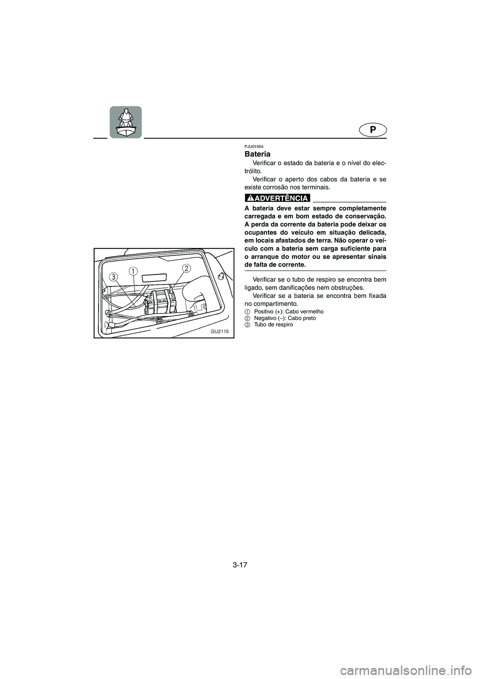 YAMAHA XL 700 2002  Manuale duso (in Italian) 3-17
P
PJU01054 
Bateria  
Verificar o estado da bateria e o nível do elec-
trólito. 
Verificar o aperto dos cabos da bateria e se
existe corrosão nos terminais. 
@ A bateria deve estar sempre comp