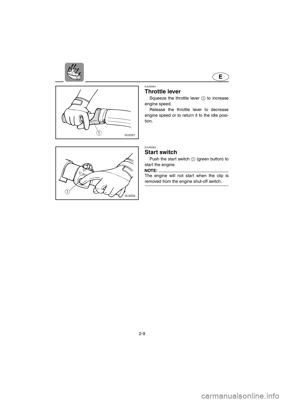 YAMAHA XL 700 2001 Owners Guide 2-9
E
EJU00351
Throttle lever
Squeeze the throttle lever 1 to increase
engine speed.
Release the throttle lever to decrease
engine speed or to return it to the idle posi-
tion.
EJU00353
Start switch
YAMAHA XL 700 2001 Owners Guide 2-9
E
EJU00351
Throttle lever
Squeeze the throttle lever 1 to increase
engine speed.
Release the throttle lever to decrease
engine speed or to return it to the idle posi-
tion.
EJU00353
Start switch