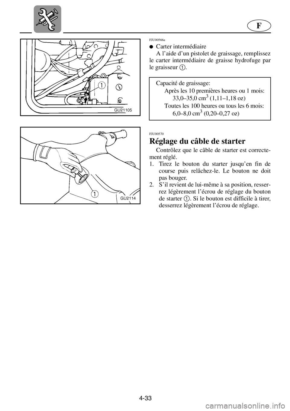 YAMAHA XL 700 2001 Notices Demploi (in French) 4-33
F
FJU00566a
●Carter intermédiaire
A l’aide d’un pistolet de graissage, remplissez
le carter intermédiaire de graisse hydrofuge par
le graisseur 1
.
FJU00570
Réglage du câble de start YAMAHA XL 700 2001 Notices Demploi (in French) 4-33
F
FJU00566a
●Carter intermédiaire
A l’aide d’un pistolet de graissage, remplissez
le carter intermédiaire de graisse hydrofuge par
le graisseur 1
.
FJU00570
Réglage du câble de start