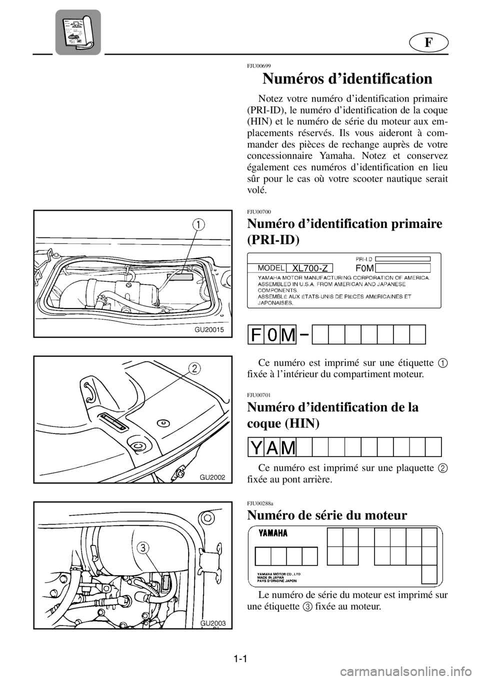 YAMAHA XL 700 2001  Notices Demploi (in French) 1-1
F
FJU00699 
Numéros d’identification  
Notez votre numéro d’identification primaire
(PRI-ID), le numéro d’identification de la coque
(HIN) et le numéro de série du moteur aux em-
placem