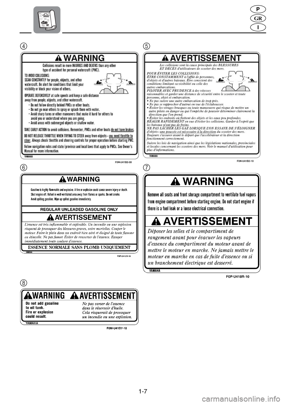 YAMAHA XL 700 2001  Manual de utilização (in Portuguese) 1-7
GR
P
I
45
67
8 