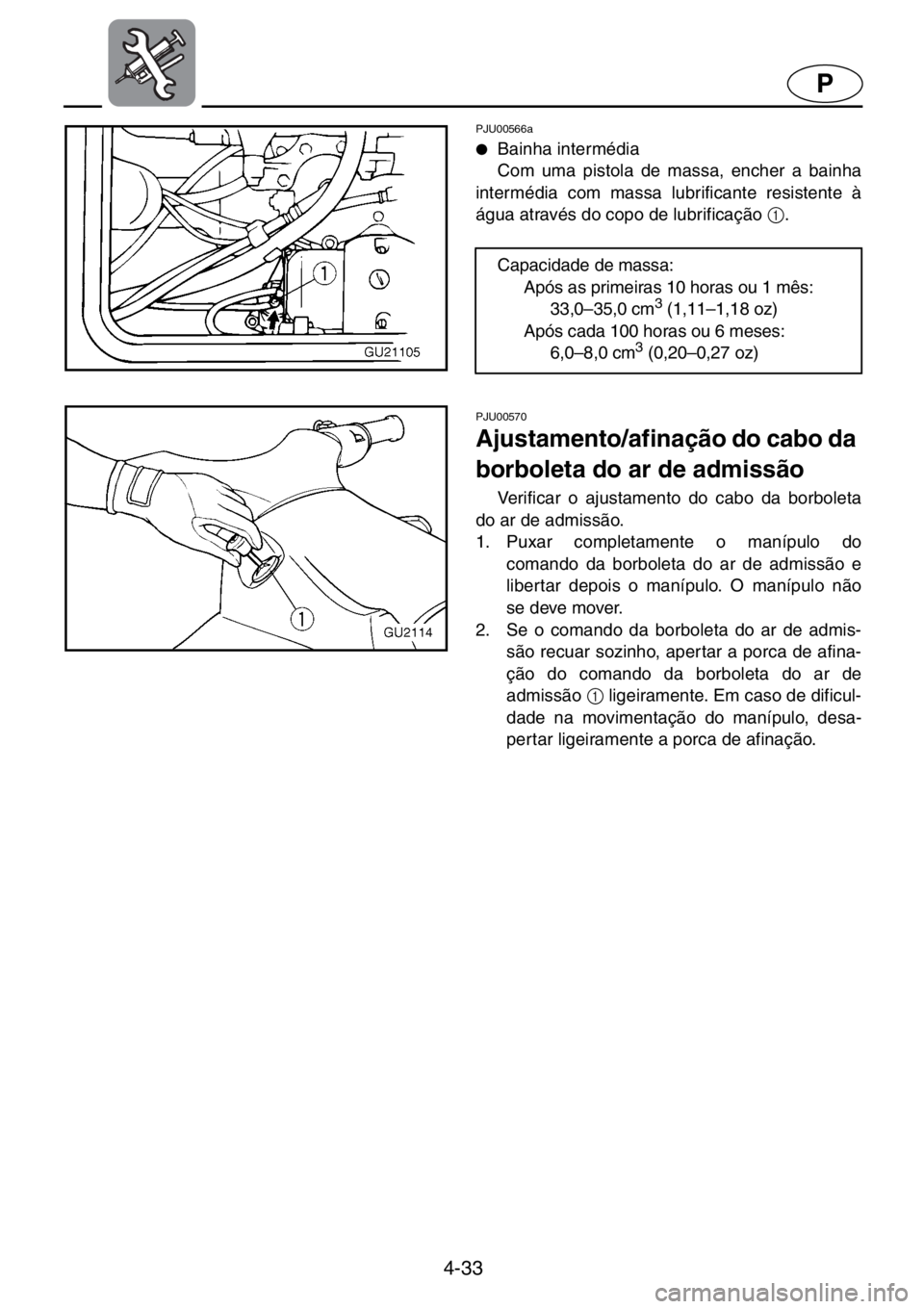 YAMAHA XL 700 2001  Manuale duso (in Italian) 4-33
P
PJU00566a ●Bainha intermédia
Com uma pistola de massa, encher a bainha
intermédia com massa lubrificante resistente à
água através do copo de lubrificação 1
.
PJU00570 
Ajustamento/afi