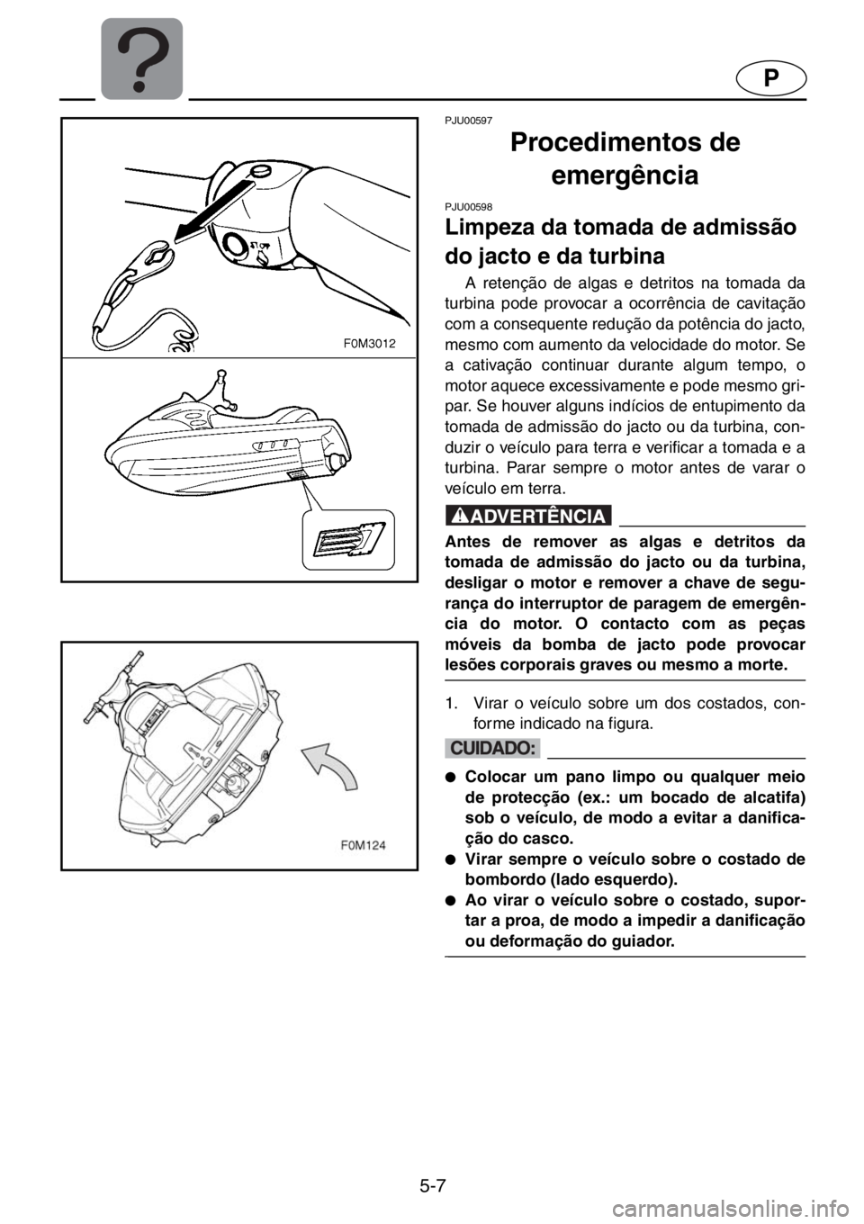 YAMAHA XL 700 2001  Manuale duso (in Italian) 5-7
P
PJU00597 
Procedimentos de 
emergência  
PJU00598 
Limpeza da tomada de admissão 
do jacto e da turbina  
A retenção de algas e detritos na tomada da
turbina pode provocar a ocorrência de c