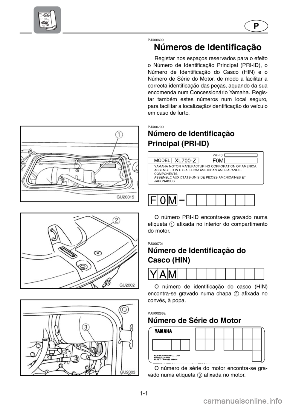 YAMAHA XL 700 2001  Manual de utilização (in Portuguese) 1-1
P
PJU00699 
Números de Identificação  
Registar nos espaços reservados para o efeito
o Número de Identificação Principal (PRI-ID), o
Número de Identificação do Casco (HIN) e o
Número de