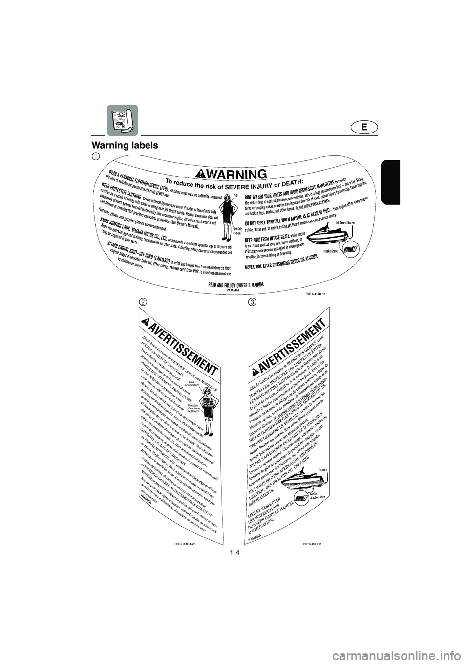YAMAHA XL 800 2001 User Guide 1-4
E
Warning labels
1
23
E_F0P71-1.fm Page 4 Tuesday, July 18, 2000 7:10 PM YAMAHA XL 800 2001 User Guide 1-4
E
Warning labels
1
23
E_F0P71-1.fm Page 4 Tuesday, July 18, 2000 7:10 PM