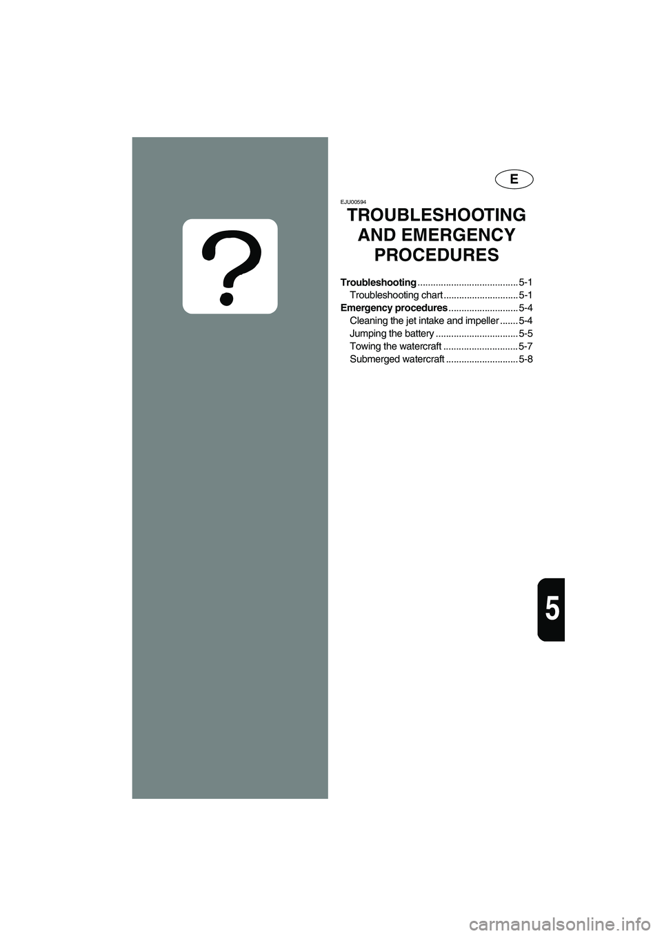YAMAHA XL 800 2001 Owners Manual E
5
EJU00594
TROUBLESHOOTING
AND EMERGENCY
PROCEDURES
Troubleshooting....................................... 5-1
Troubleshooting chart ............................. 5-1
Emergency procedures......... YAMAHA XL 800 2001 Owners Manual E
5
EJU00594
TROUBLESHOOTING
AND EMERGENCY
PROCEDURES
Troubleshooting....................................... 5-1
Troubleshooting chart ............................. 5-1
Emergency procedures.........