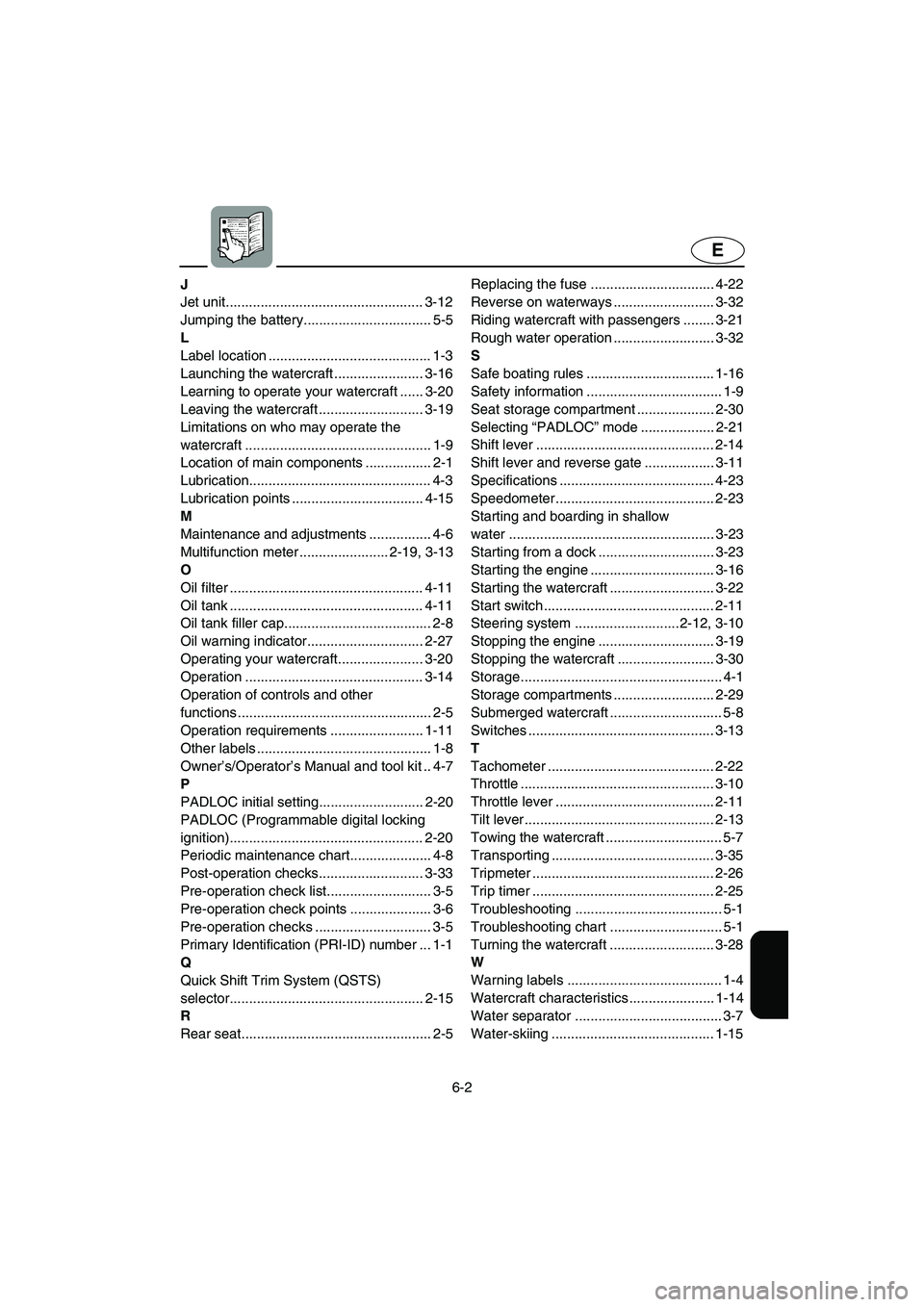 YAMAHA XL 800 2001  Owners Manual 6-2
E
J
Jet unit................................................... 3-12
Jumping the battery................................. 5-5
L
Label location .......................................... 1-3
Launch