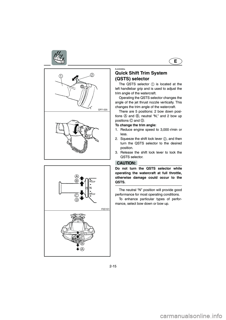 YAMAHA XL 800 2001 Owners Guide 2-15
E
EJU00360a
Quick Shift Trim System
(QSTS) selector
The QSTS selector 1 is located at the
left handlebar grip and is used to adjust the
trim angle of the watercraft.
Operating the QSTS selector YAMAHA XL 800 2001 Owners Guide 2-15
E
EJU00360a
Quick Shift Trim System
(QSTS) selector
The QSTS selector 1 is located at the
left handlebar grip and is used to adjust the
trim angle of the watercraft.
Operating the QSTS selector
