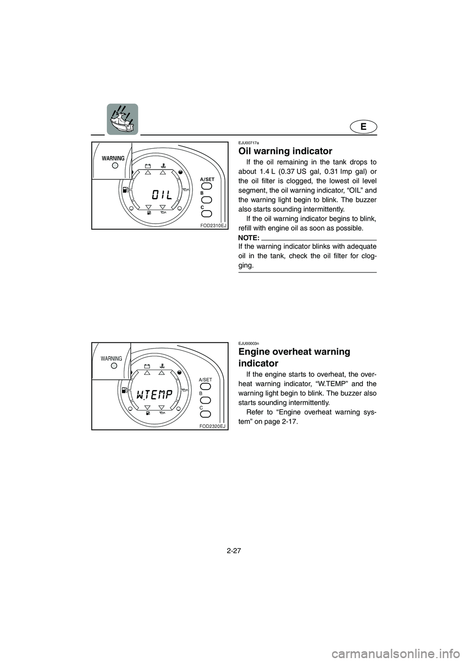 YAMAHA XL 800 2001 Workshop Manual 2-27
E
EJU00717a
Oil warning indicator
If the oil remaining in the tank drops to
about 1.4 L (0.37 US gal, 0.31 Imp gal) or
the oil filter is clogged, the lowest oil level
segment, the oil warning ind