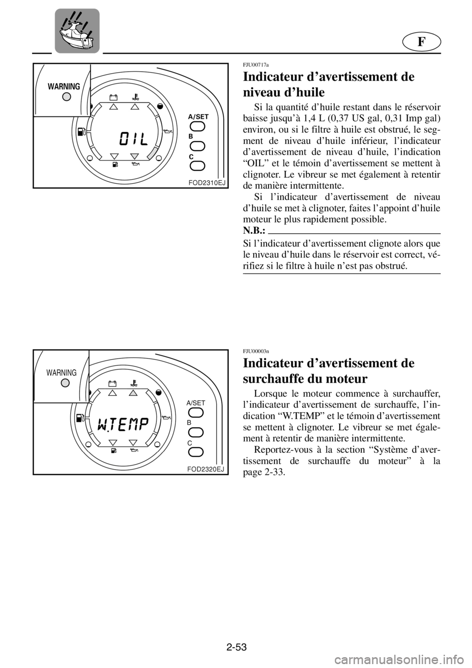 YAMAHA XL 800 2001 Manuale de Empleo (in Spanish) 2-53
F
FJU00717a
Indicateur d’avertissement de
niveau d’huile
Si la quantité d’huile restant dans le réservoir
baisse jusqu’à 1,4 L (0,37 US gal, 0,31 Imp gal)
environ, ou si le filtre YAMAHA XL 800 2001 Manuale de Empleo (in Spanish) 2-53
F
FJU00717a
Indicateur d’avertissement de
niveau d’huile
Si la quantité d’huile restant dans le réservoir
baisse jusqu’à 1,4 L (0,37 US gal, 0,31 Imp gal)
environ, ou si le filtre