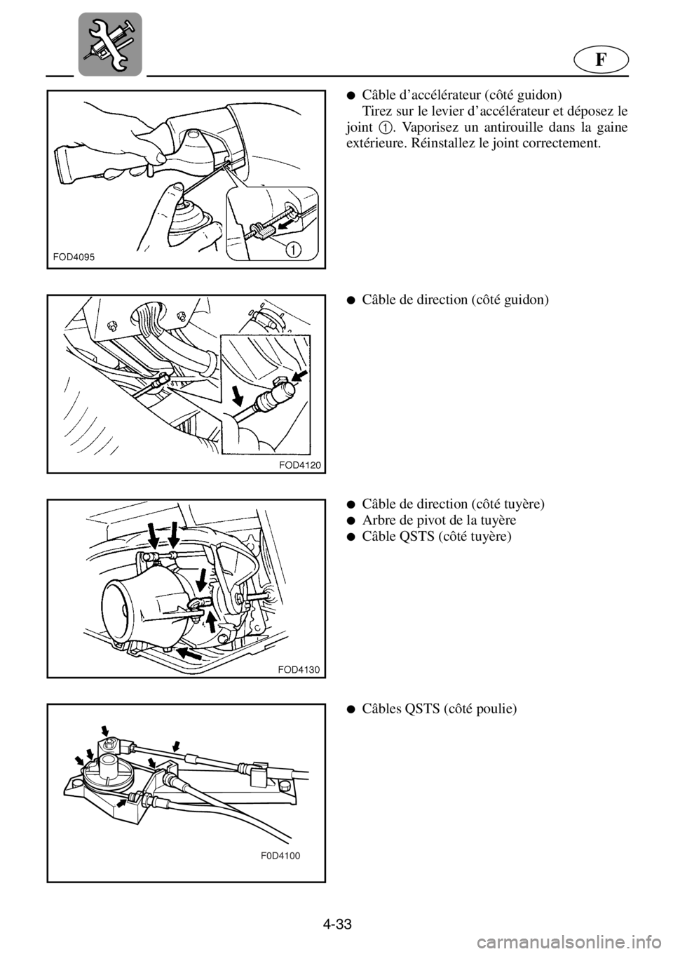 YAMAHA XL 800 2001 Manuale de Empleo (in Spanish) 4-33
F
F0D4100
●Câble d’accélérateur (côté guidon)
Tirez sur le levier d’accélérateur et déposez le
joint 1. Vaporisez un antirouille dans la gaine
extérieure. Réinstallez le joint co YAMAHA XL 800 2001 Manuale de Empleo (in Spanish) 4-33
F
F0D4100
●Câble d’accélérateur (côté guidon)
Tirez sur le levier d’accélérateur et déposez le
joint 1. Vaporisez un antirouille dans la gaine
extérieure. Réinstallez le joint co