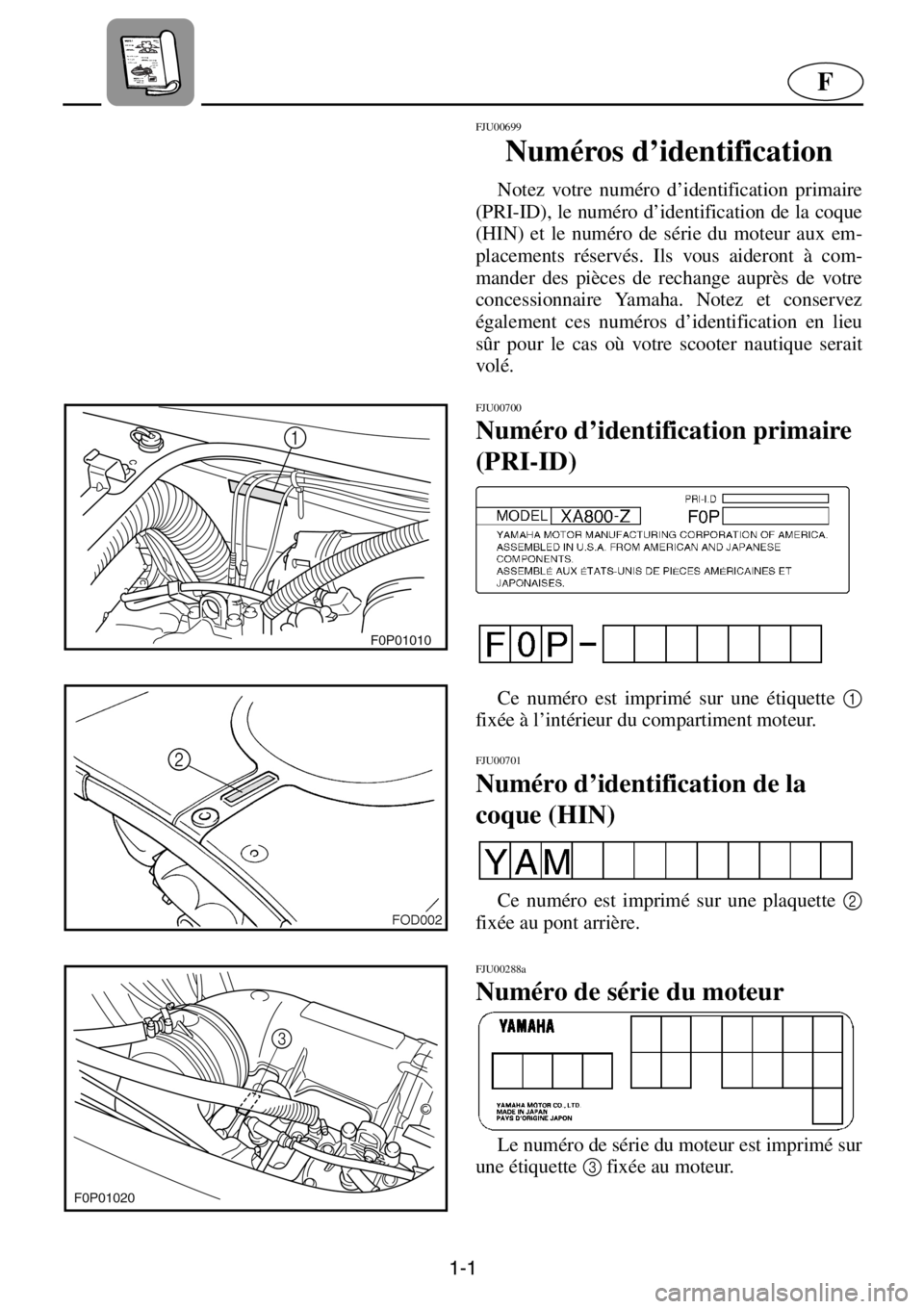 YAMAHA XL 800 2001  Manuale de Empleo (in Spanish) 1-1
F
FJU00699 
Numéros d’identification  
Notez votre numéro d’identification primaire
(PRI-ID), le numéro d’identification de la coque
(HIN) et le numéro de série du moteur aux em-
placem