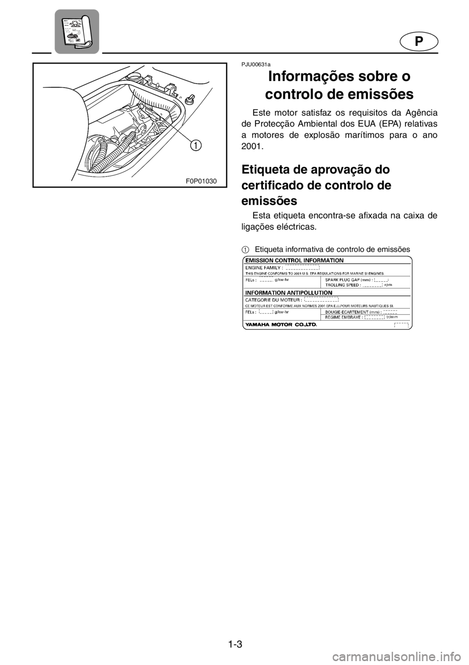 YAMAHA XL 800 2001  Manuale duso (in Italian) 1-3
P
PJU00631a 
Informações sobre o 
controlo de emissões  
Este motor satisfaz os requisitos da Agência
de Protecção Ambiental dos EUA (EPA) relativas
a motores de explosão marítimos para o 