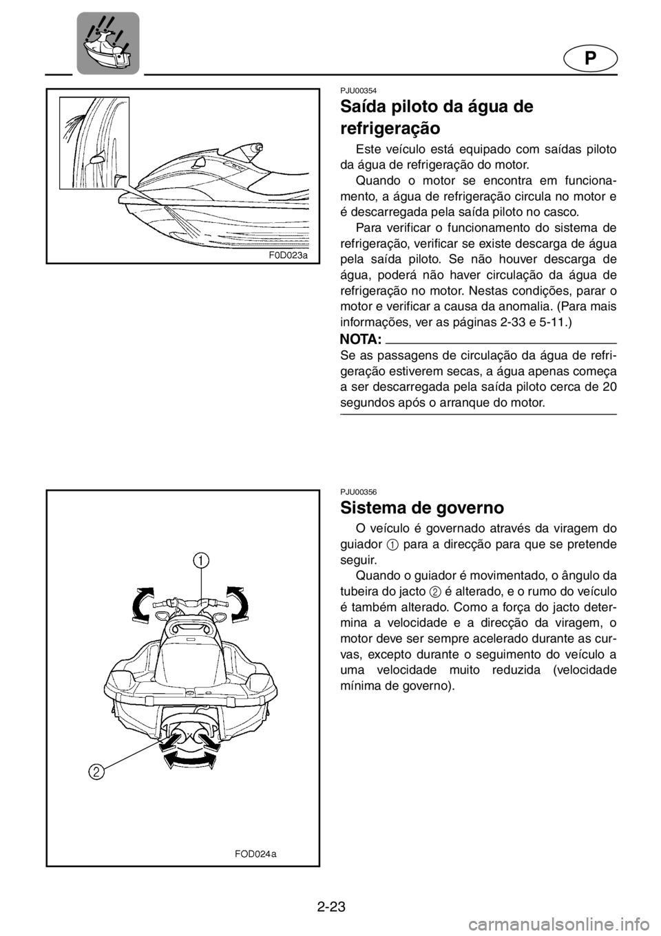 YAMAHA XL 800 2001  Manual de utilização (in Portuguese) 2-23
P
PJU00354 
Saída piloto da água de 
refrigeração  
Este veículo está equipado com saídas piloto
da água de refrigeração do motor. 
Quando o motor se encontra em funciona-
mento, a águ