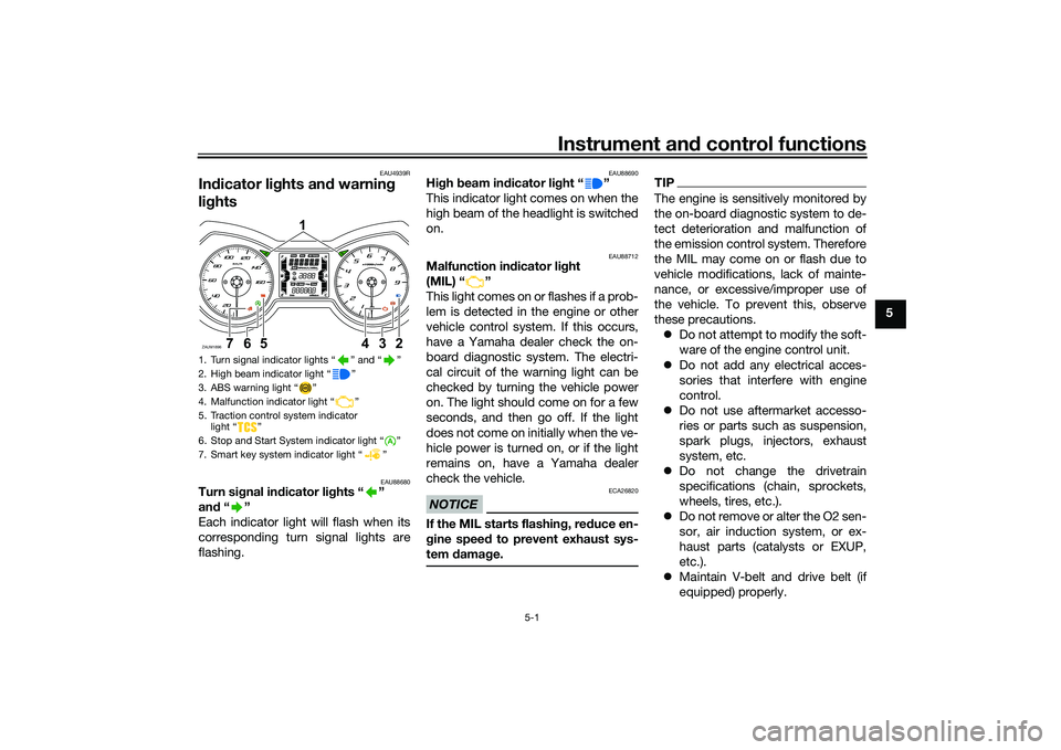 YAMAHA XMAX 125 2022  Owners Manual Instrument and control functions
5-1
5
EAU4939R
In dicator lig hts and warning  
lig hts
EAU88680
Turn si gnal in dicator li ghts “ ” 
an d“”
Each indicator light will flash when its
correspon