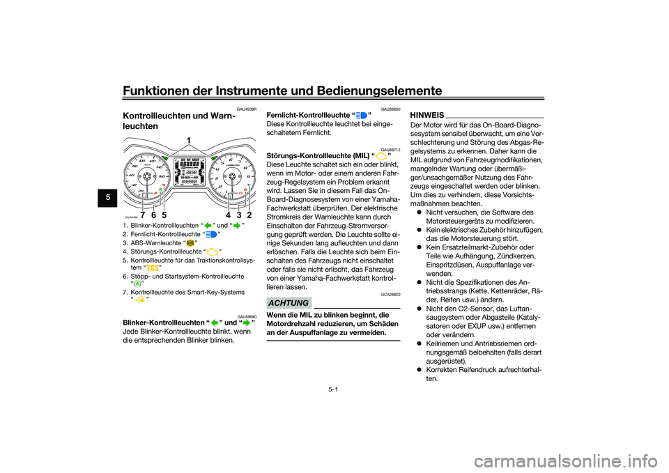 YAMAHA XMAX 125 2022  Betriebsanleitungen (in German) Funktionen der Instru mente un d Be dienun gselemente
5-1
5
GAU4939R
Kontrollleuchten un d Warn-
leuchten
GAU88680
Blinker-Kontrollleuchten “ ” un d“”
Jede Blinker-Kontrol lleuchte blinkt, wen