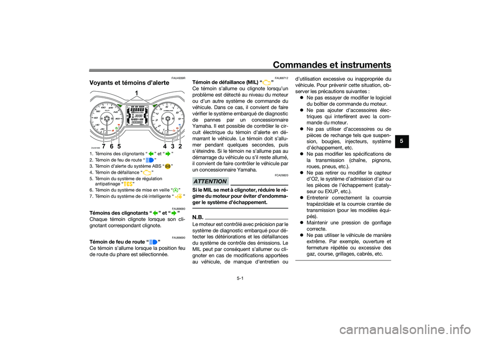 YAMAHA XMAX 125 2022 Notices Demploi (in French) Commandes et instruments
5-1
5
FAU4939R
Voyants et témoins d’alerte
FAU88680
Témoins des clignotants “ ” et “ ”
Chaque témoin clignote lorsque son cli-
gnotant correspondant clignote.
F YAMAHA XMAX 125 2022 Notices Demploi (in French) Commandes et instruments
5-1
5
FAU4939R
Voyants et témoins d’alerte
FAU88680
Témoins des clignotants “ ” et “ ”
Chaque témoin clignote lorsque son cli-
gnotant correspondant clignote.
F