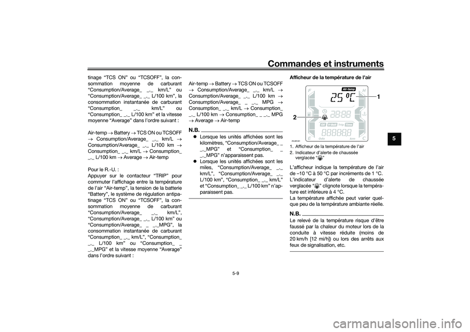 YAMAHA XMAX 125 2022 Notices Demploi (in French) Commandes et instruments
5-9
5
tinage “TCS ON” ou “TCSOFF”, la con-
sommation moyenne de carburant
“Consumption/Average_ _._ km/L” ou
“Consumption/Average_ _._ L/100 km”, la
consommati YAMAHA XMAX 125 2022 Notices Demploi (in French) Commandes et instruments
5-9
5
tinage “TCS ON” ou “TCSOFF”, la con-
sommation moyenne de carburant
“Consumption/Average_ _._ km/L” ou
“Consumption/Average_ _._ L/100 km”, la
consommati