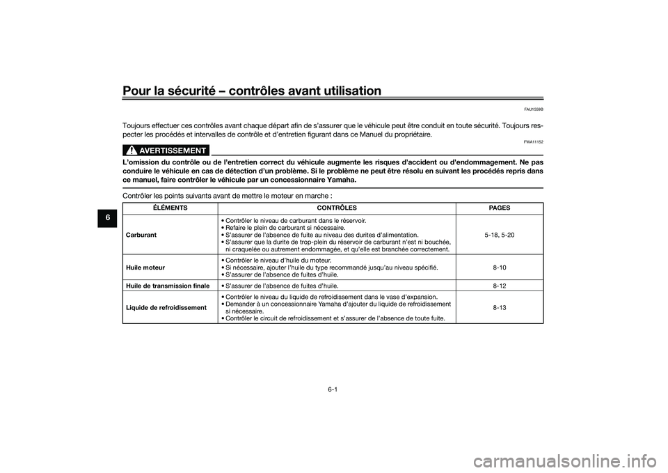 YAMAHA XMAX 125 2022 Notices Demploi (in French) Pour la sécurité – contrôles avant utilisation
6-1
6
FAU1559B
Toujours effectuer ces contrôles avant chaque départ afin de s’assurer que le véhicule peut être conduit en toute sécurité. T YAMAHA XMAX 125 2022 Notices Demploi (in French) Pour la sécurité – contrôles avant utilisation
6-1
6
FAU1559B
Toujours effectuer ces contrôles avant chaque départ afin de s’assurer que le véhicule peut être conduit en toute sécurité. T